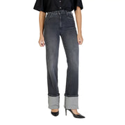 Jean Colcci pour femme en coton noir stretch, taille haute, denim gris foncé délavé et ourlets roulés
