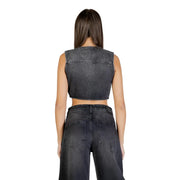 Colcci femme sans manches en denim gris foncé court top avec un col rond et des détails de coutures apparents
