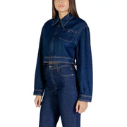 Colcci women’s dark blue denim cropped jacket with collar, front zipper, white stitching, and pockets