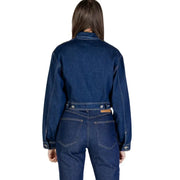 Colcci women’s blue dark denim jacket with classic collar and buttoned waistband featuring pockets