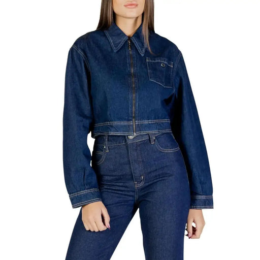 Dark blue denim jacket by Colcci womens long zip jacket with front zipper and chest pocket for casual wear