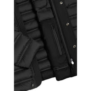 Black puffer jacket with quilted design and zipper details.