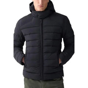 Black quilted down jacket with hood and zipper closure.