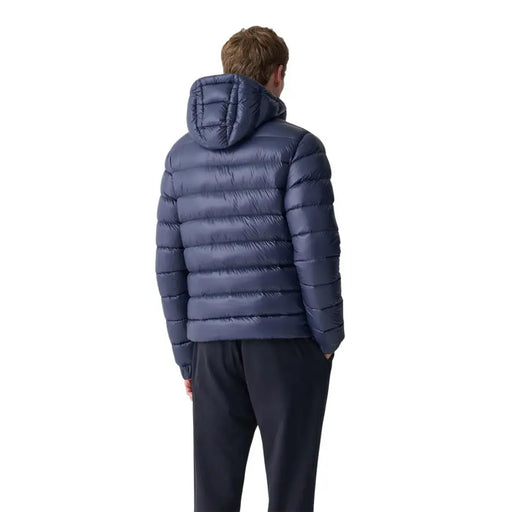 Blue down jacket with hood and quilted pattern, likely from patagonia.