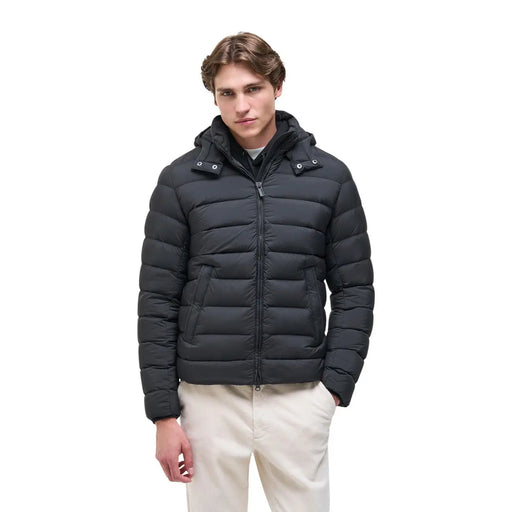 Doudoune Colmar Originals pour homme en tissu matelassé noir avec capuche et fermeture éclair sur le devant, vue de face