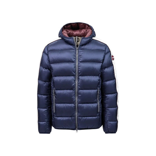 Doudoune Colmar Originals pour homme, bleu marine à rayures latérales blanches et intérieur doublé bordeaux, vue de face
