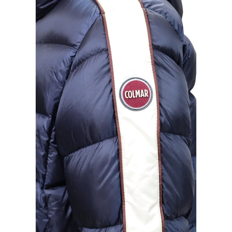 Doudoune Colmar Originals pour homme, bleu marine à rayures verticales blanches et finitions marron, vue de face