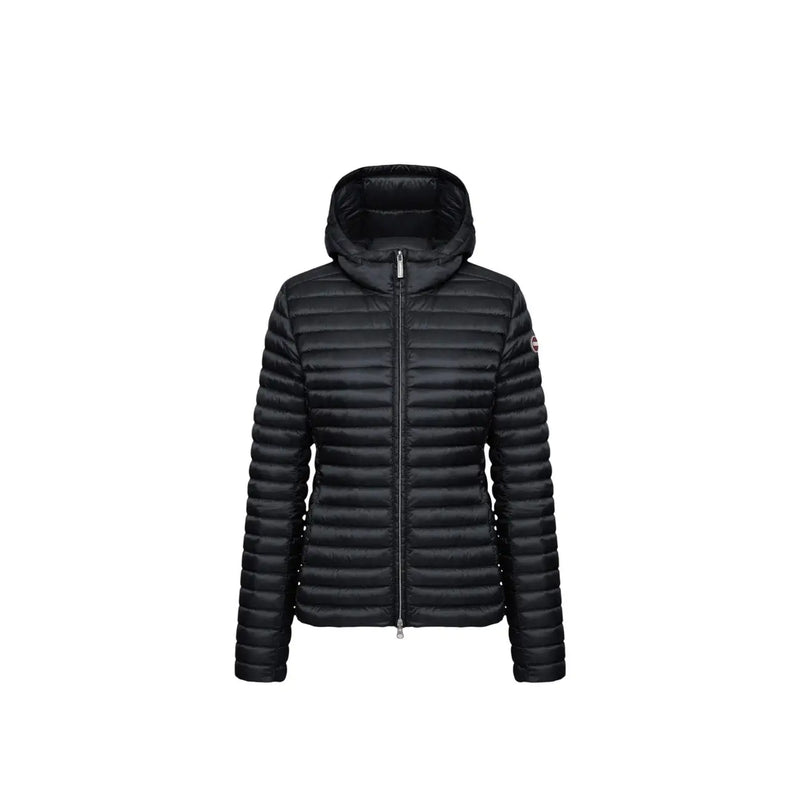 Veste matelassée à capuche noire pour femme Colmar Originals, en nylon, au design moderne et élégant, avec un logo discret sur la manche.