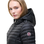 Doudoune matelassée à capuche en nylon noir Colmar Originals pour femme, avec logo rond sur la manche