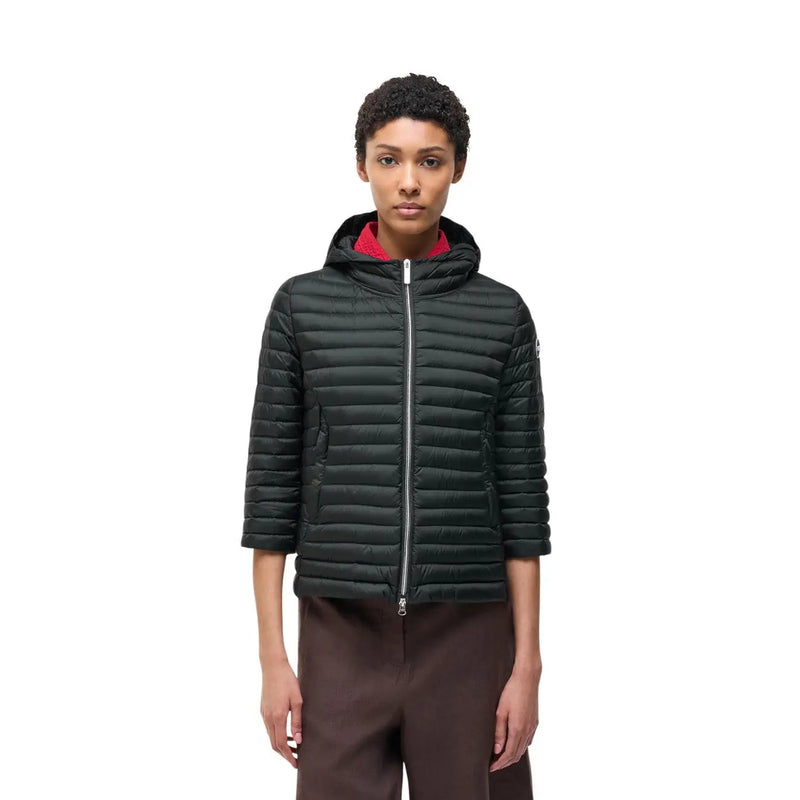 Veste à capuche matelassée en nylon noir pour femme Colmar Originals, doublure intérieure rouge et détails de fermeture éclair argentés