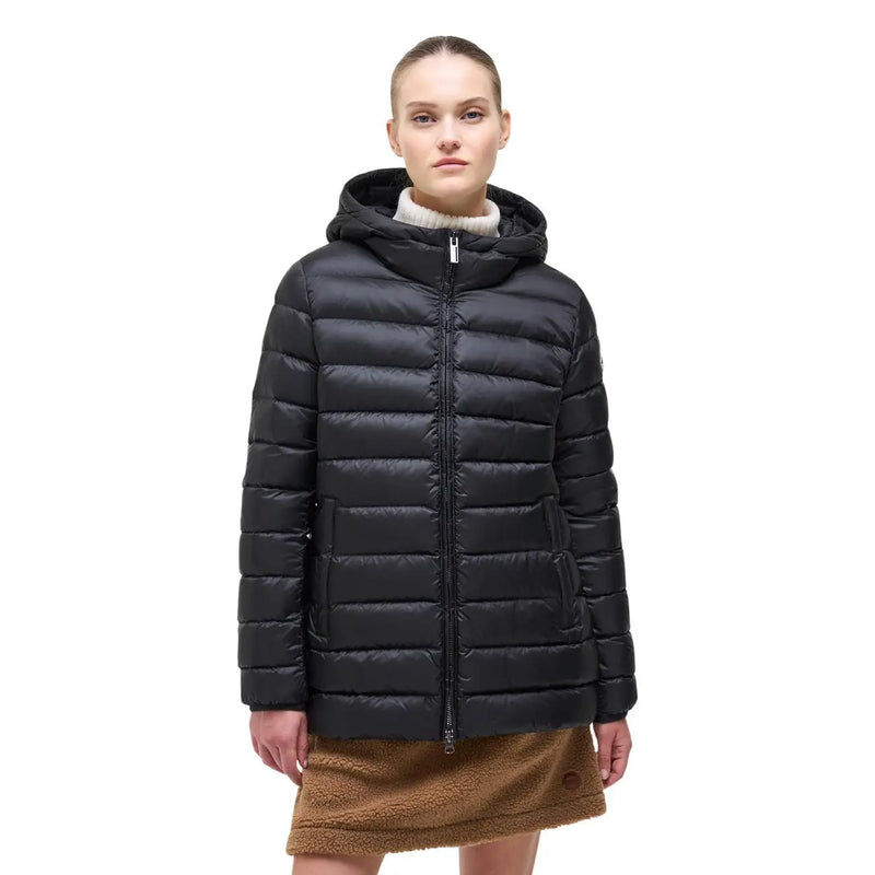 Doudoune matelassée noire à capuche pour femme Colmar Originals, fermeture éclair sur le devant et deux poches latérales