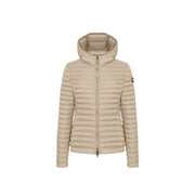 Veste à capuche Colmar Originals pour femme, en nylon beige, avec surpiqûres horizontales et petit logo sur la manche gauche.
