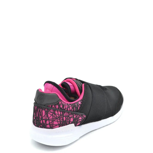 Vue arrière des baskets Colmar pour femme, en nylon noir avec détails roses, talon en maille géométrique, bride velcro et semelle blanche.