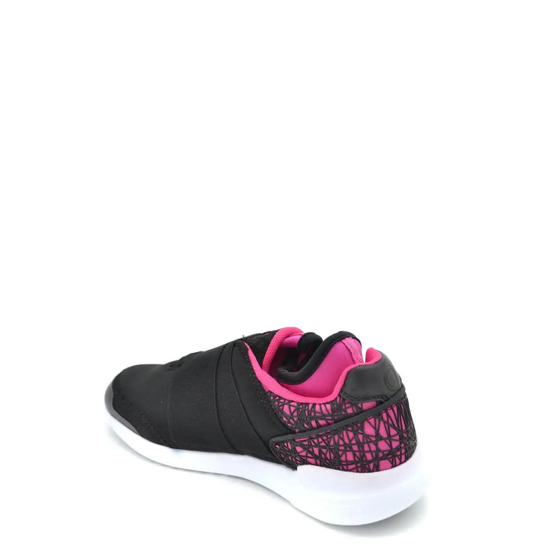 Colmar women slip on nylon sneakers black with pink geometric pattern on heel and white rubber sole backside view