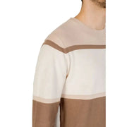 Color-blocked Hamaki-ho Men’s Brown Round Neck Knit Sweater with beige and white stripes