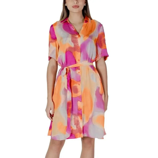 Colorful tie-waist B.young Orange V-Neck Short Dress made of 100% Cotton