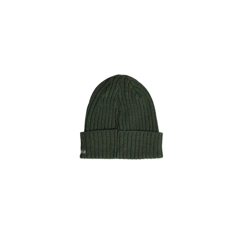 Columbia Bonnet pour homme en maille côtelée vert foncé, revers replié et logo discret sur le côté, vue de face