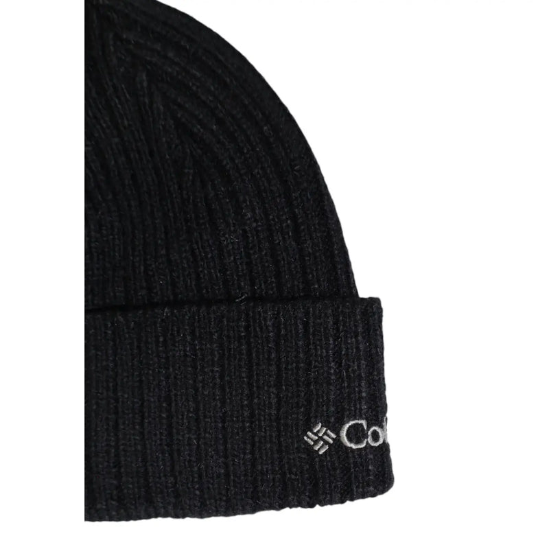 Columbia Bonnet noir en maille côtelée avec revers et logo brodé blanc, vue de face