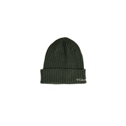 Columbia Bonnet en maille côtelée vert olive foncé avec revers et logo blanc brodé sur le côté