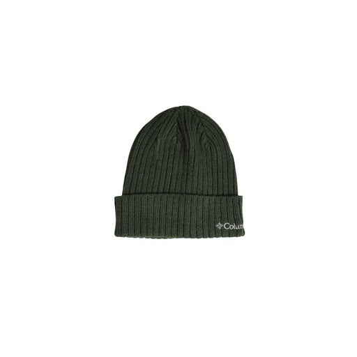 Columbia Bonnet en maille côtelée vert olive foncé avec revers et logo blanc brodé sur le côté