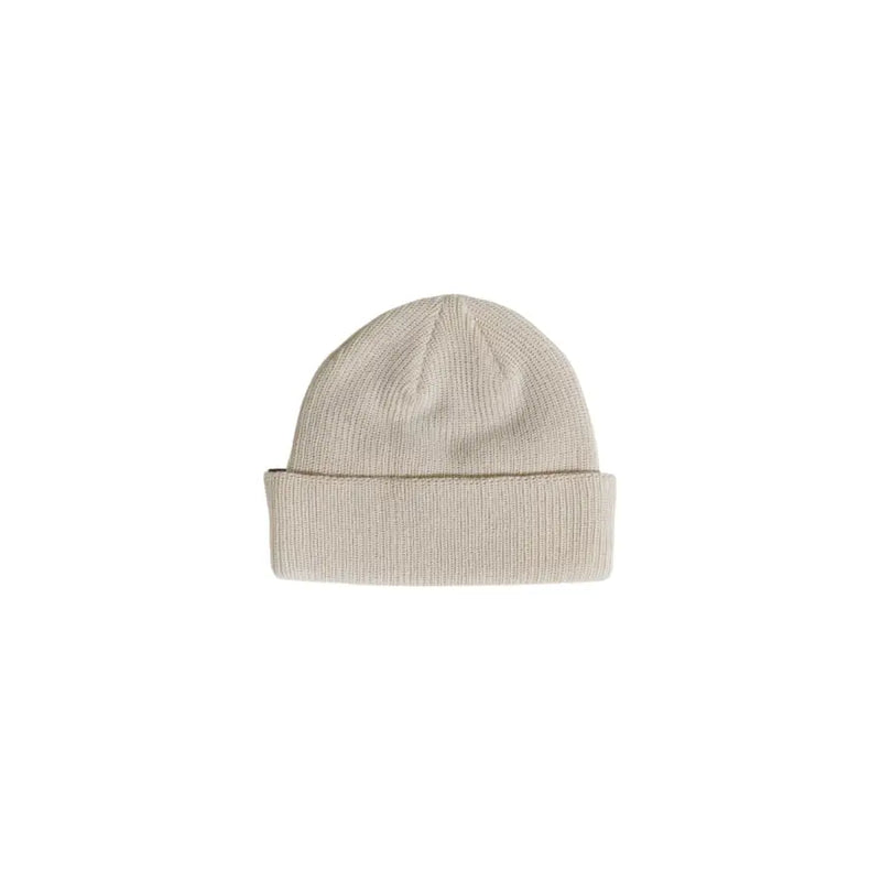 Cream-colored ribbed beanie hat with folded cuff.