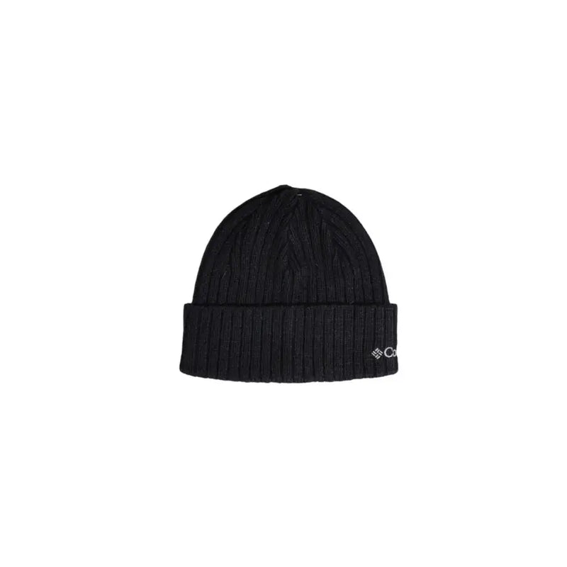 Black columbia beanie with ribbed texture and logo on the front.