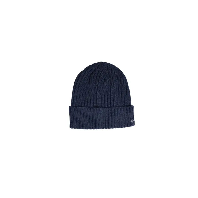 Navy blue ribbed beanie hat with a folded cuff and logo on the front.