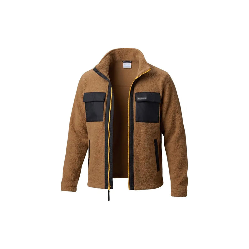 Columbia Sweat à capuche zippé en polaire marron pour homme, avec détails noirs et bordure de fermeture éclair jaune.