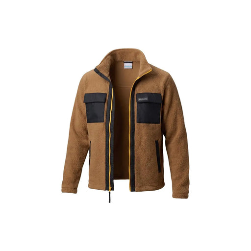 Columbia Sweat à capuche zippé en polaire marron pour homme, avec détails noirs et bordure de fermeture éclair jaune.
