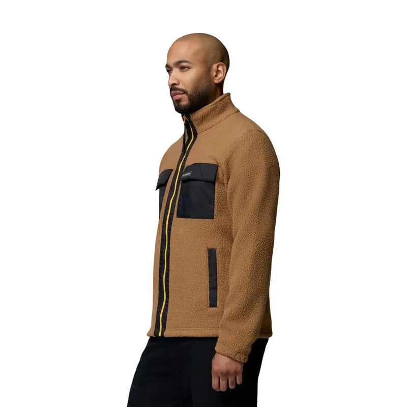 Columbia Sweat à capuche zippé en polaire marron pour homme, couleur beige avec des accents noirs et jaunes, confectionné dans une matière polaire chaude.