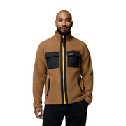 Columbia Sweat à capuche zippé en polaire marron pour homme, avec doublure polaire beige, poches plaquées noires et fermeture éclair jaune.