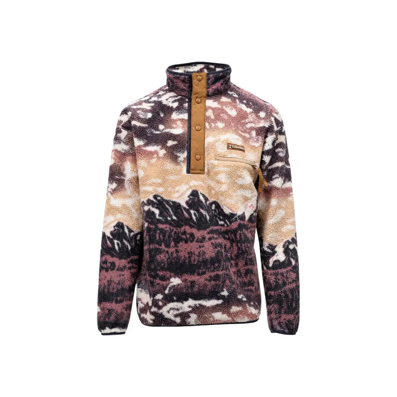 Columbia Sweat-shirt à capuche en polaire marron pour homme, en polyester, orné d'un imprimé de montagnes dans les tons beige, violet et noir.