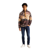 Columbia Sweat-shirt polaire homme marron à capuche en polyester imprimé paysage de montagne, patte de boutonnage beige et poche poitrine