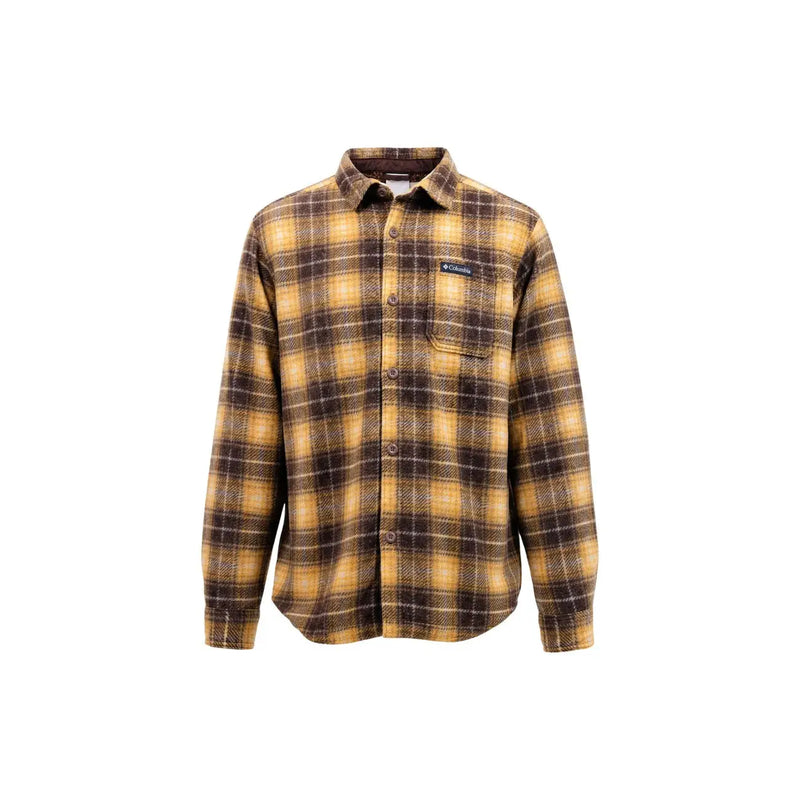 Columbia Surchemise homme marron en polyester, manches longues en flanelle à carreaux jaunes et marrons, fermeture boutonnée sur le devant