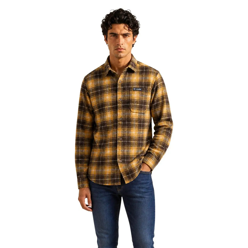 Columbia Surchemise homme marron en polyester, manches longues, flanelle à carreaux jaunes et marrons, fermeture boutonnée et poche poitrine