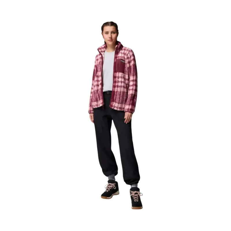 Columbia Sweat à capuche zippé pour homme en polaire à carreaux bordeaux et rose, en polyester doux et texture confortable.