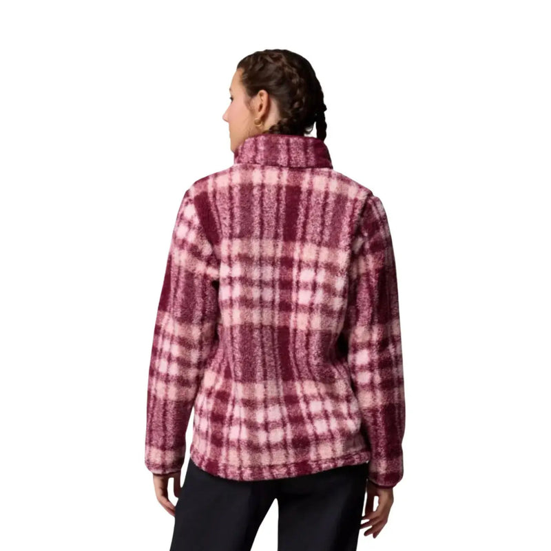 Columbia Sweat à capuche zippé rose en polaire pour homme, en polyester à carreaux bordeaux et rose, avec une texture douce et moelleuse.