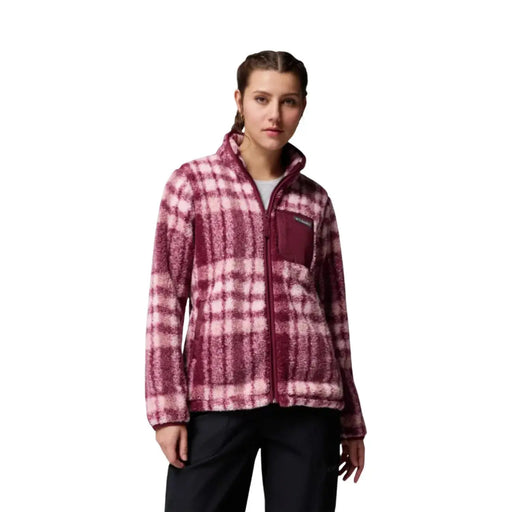 Columbia Sweat à capuche zippé rose en polaire pour homme, en polyester à carreaux bordeaux et roses, avec un tissu doux et texturé.