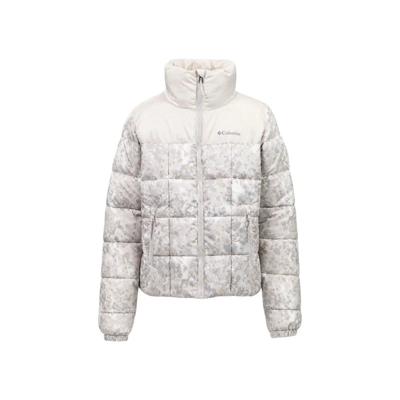 Columbia women beige polyester blazer jacket with subtle gray white camouflage puffer design and quilted high collar