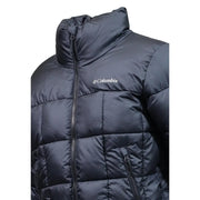Black quilted columbia women polyester cropped puffer jacket with high collar and front zipper closure