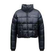 Columbia women black polyester quilted puffer jacket with high collar front zipper and logo on left chest