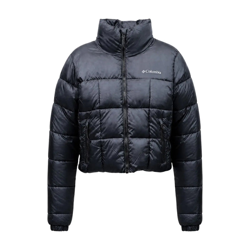 Columbia women black polyester quilted puffer jacket with high collar front zipper and logo on left chest