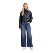 Black quilted Columbia women polyester zip cropped puffer jacket with high collar and front zipper