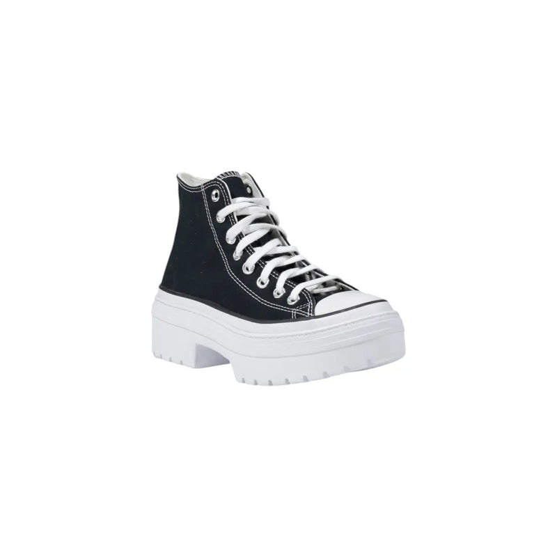 Converse women black fabric Chuck Taylor high-top sneaker with white laces thick platform sole and rubber toe cap