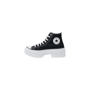 Converse women black fabric Chuck Taylor sneakers with white laces, thick white platform sole, and iconic circular logo