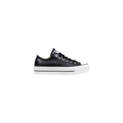 Converse women black leather platform sneakers featuring black leather upper and white rubber sole and toe cap