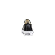 Converse women black leather platform sneakers with glossy leather upper and white rubber sole low-top design