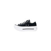 Converse women black platform sneakers fabric with white laces and thick white rubber sole side view