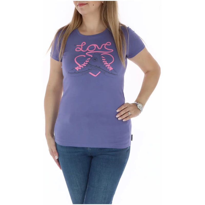 Converse women cotton round neck purple short sleeve t shirt with pink love graphic and shoe design on front