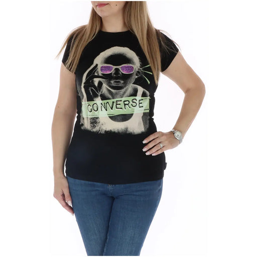 Converse women cotton sleeveless black t shirt with graphic of stylized figure in purple sunglasses holding cigarette